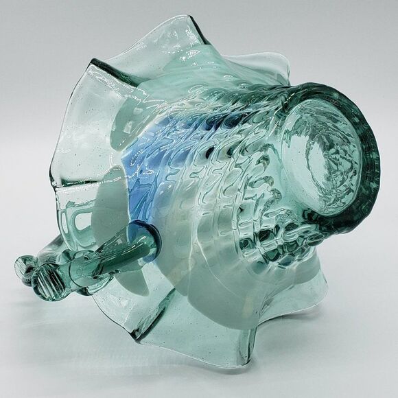 Teal White Blue Art Glass Ruffled Waffle Fruit Basket with Handle - Picture 3 of 15